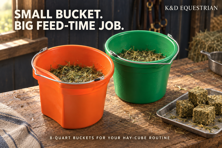 Orange KD-154 flat-back and green KD-159 round 8-quart buckets illustrated with wet hay forage in a feed room.