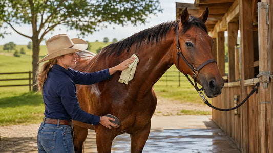 Rider grooming a bay horse during summer fly season