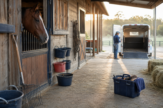 Late-summer horse barn reset with clean aisle, buckets, grooming tote, stall fork and trailer