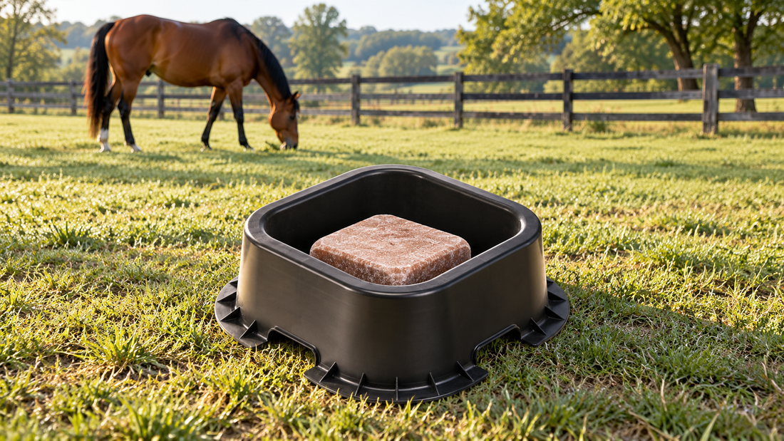 KD-172 mineral feeder holding a mineral block on dry pasture with a horse nearby