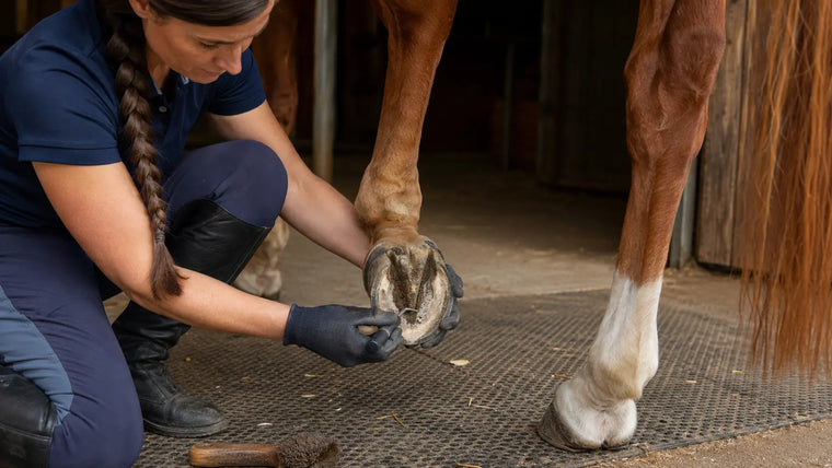 Horsewoman cleaning and inspecting a horse hoof with a hoof pick