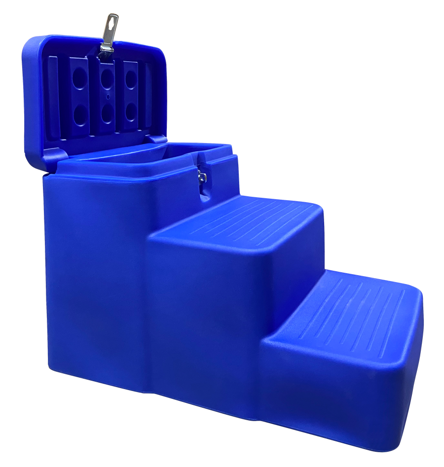 Three-step horse mounting block with built-in barn storage